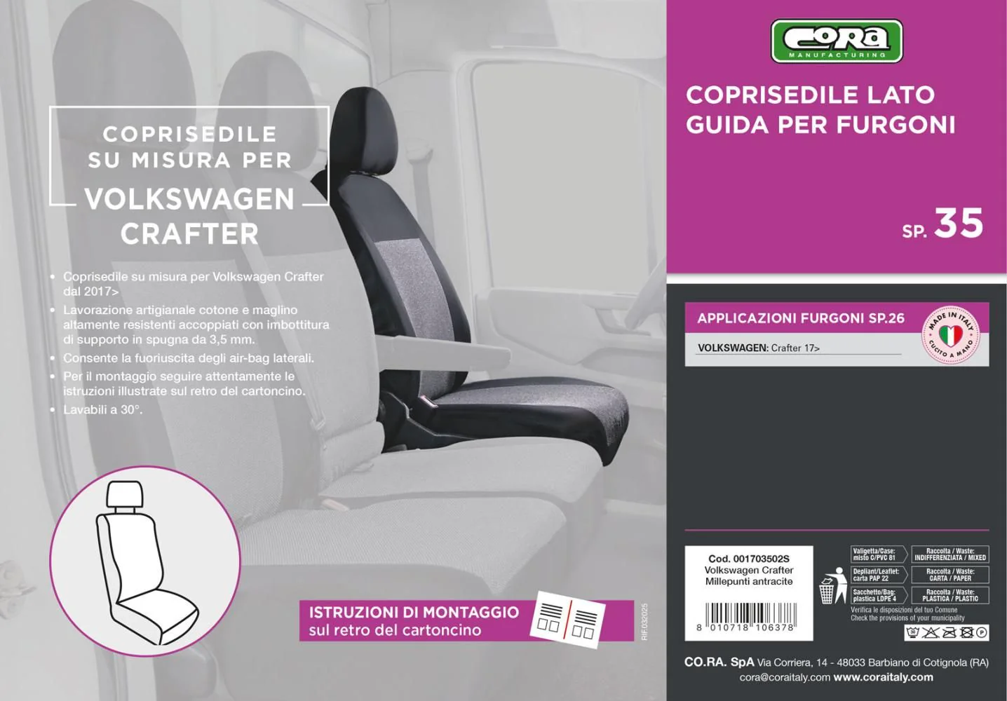 Cora Manufacturing Coprisedile lato guida per furgoni tg. SP35 tess. misto cotone nero - Image 3