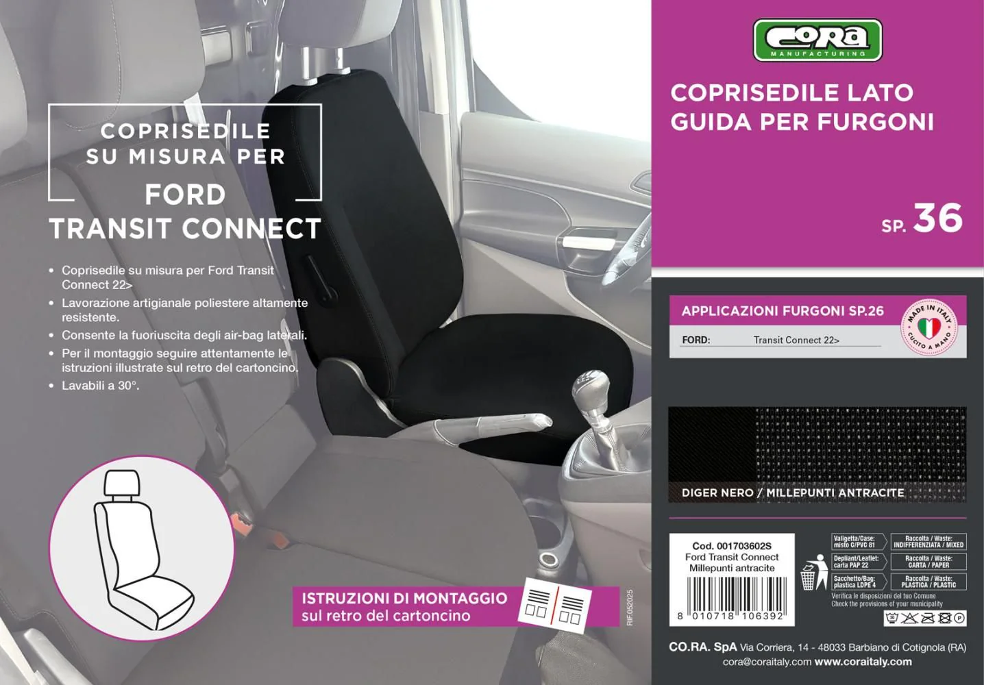 Cora Manufacturing Coprisedile lato guida per furgoni tg. SP36 tess. misto cotone nero - Image 2