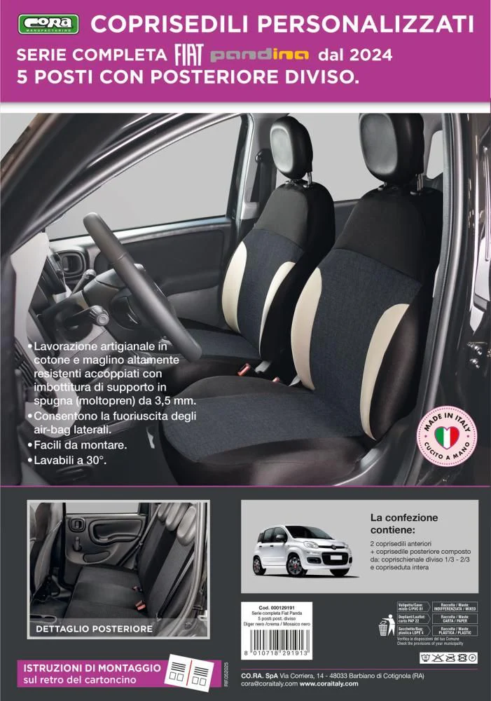 Cora Manufacturing Serie completa coprisedili personalizzati Fiat Pandina 24> 5 posti post. diviso tess. misto cotone nero/crema - Image 3