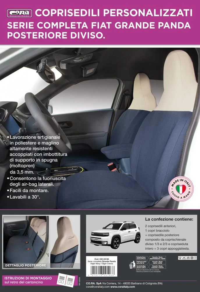 Cora Serie completa coprisedili personalizzati Fiat Grande Panda 25> 5 posti post. diviso tess. misto cotone blu navy/crema - Image 3