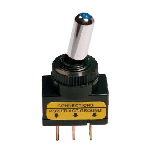 Interruttore a leva tipo Racing, in alluminio con spia a Led 12/24V Blu 20A 45561