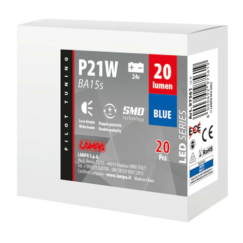 Pilot 24V Led Series - 4 SMD x 1 chip - (P21W) - BA15s - 20 pz - Scatola - Blu - Doppia polarità - Image 3