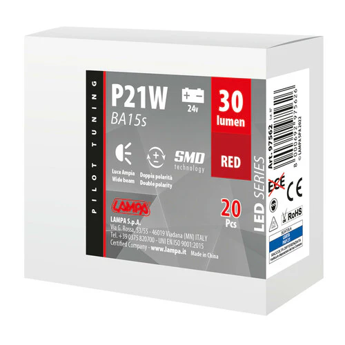 Pilot 24V Led Series - 4 SMD x 1 chip - (P21W) - BA15s - 20 pz - Scatola - Rosso - Doppia polaritĂ - Image 3